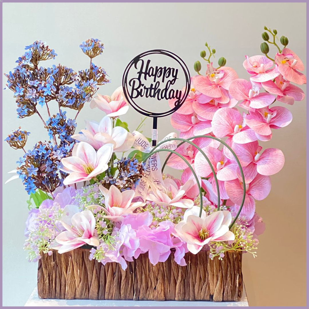 Birthday Blush Garden – Artificial Flower Basket | Jude Flowers Bahrain