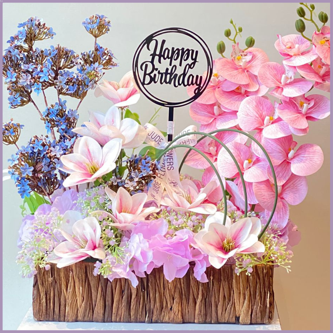 Birthday Blush Garden – Artificial Flower Basket | Jude Flowers Bahrain