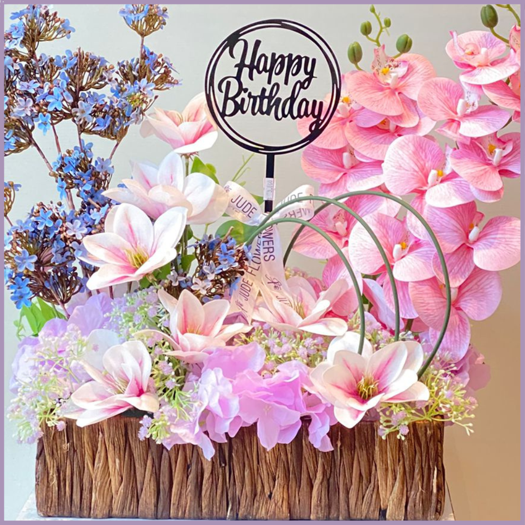 Birthday Blush Garden – Artificial Flower Basket | Jude Flowers Bahrain