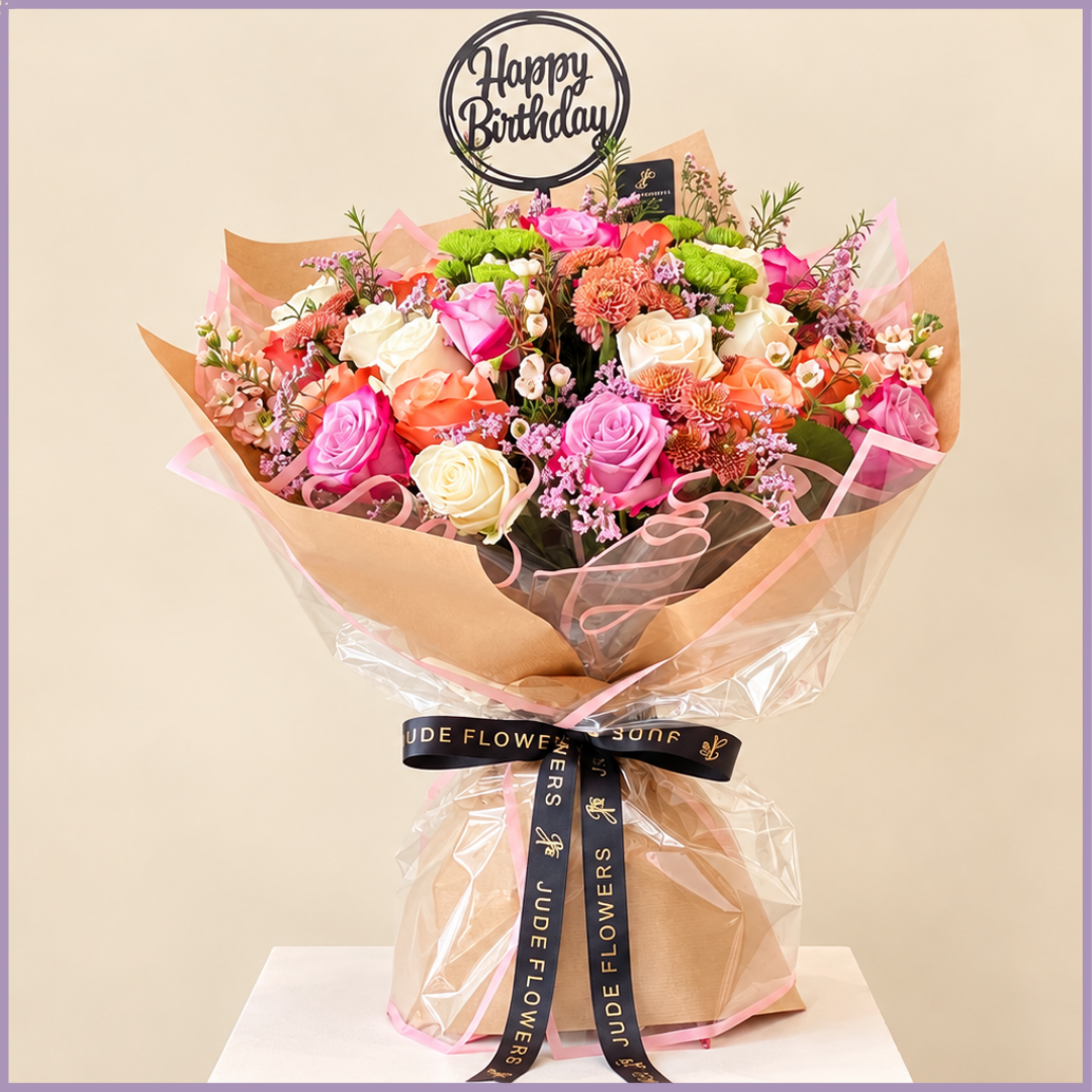 Birthday Garden Bouquet with purple, white and orange roses and colourful flowers