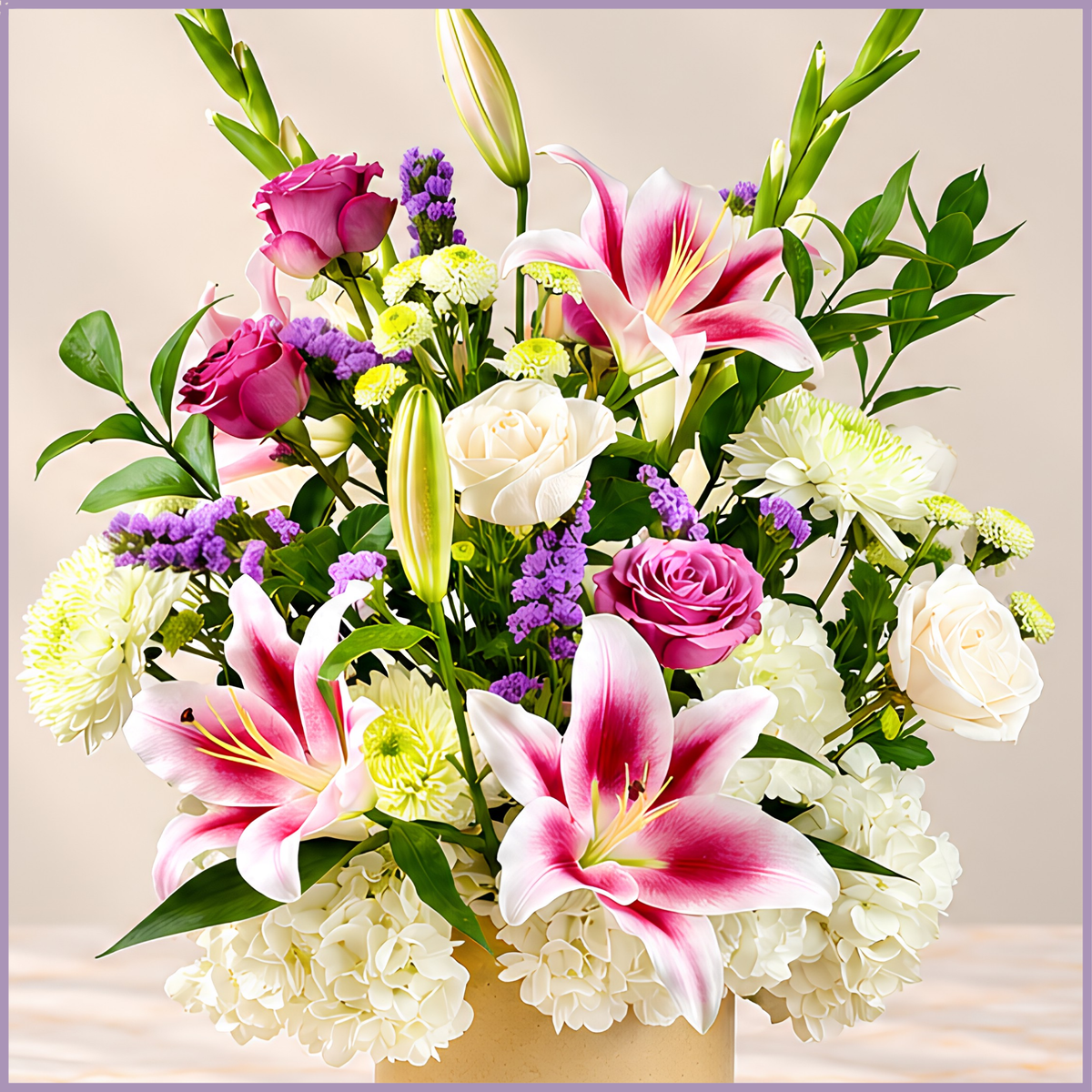 Bahraini pottery vase with gladiolas lilies roses and hydrangeas – Jude Flowers Bahrain