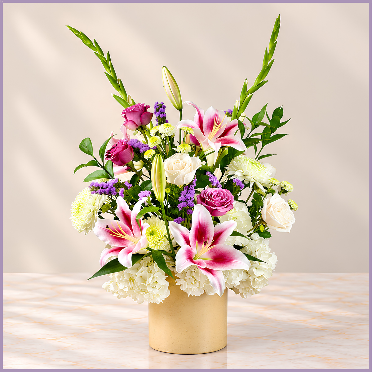 Luxury gladiola lily rose and hydrangea arrangement in Bahraini pottery – Jude Flowers Bahrain