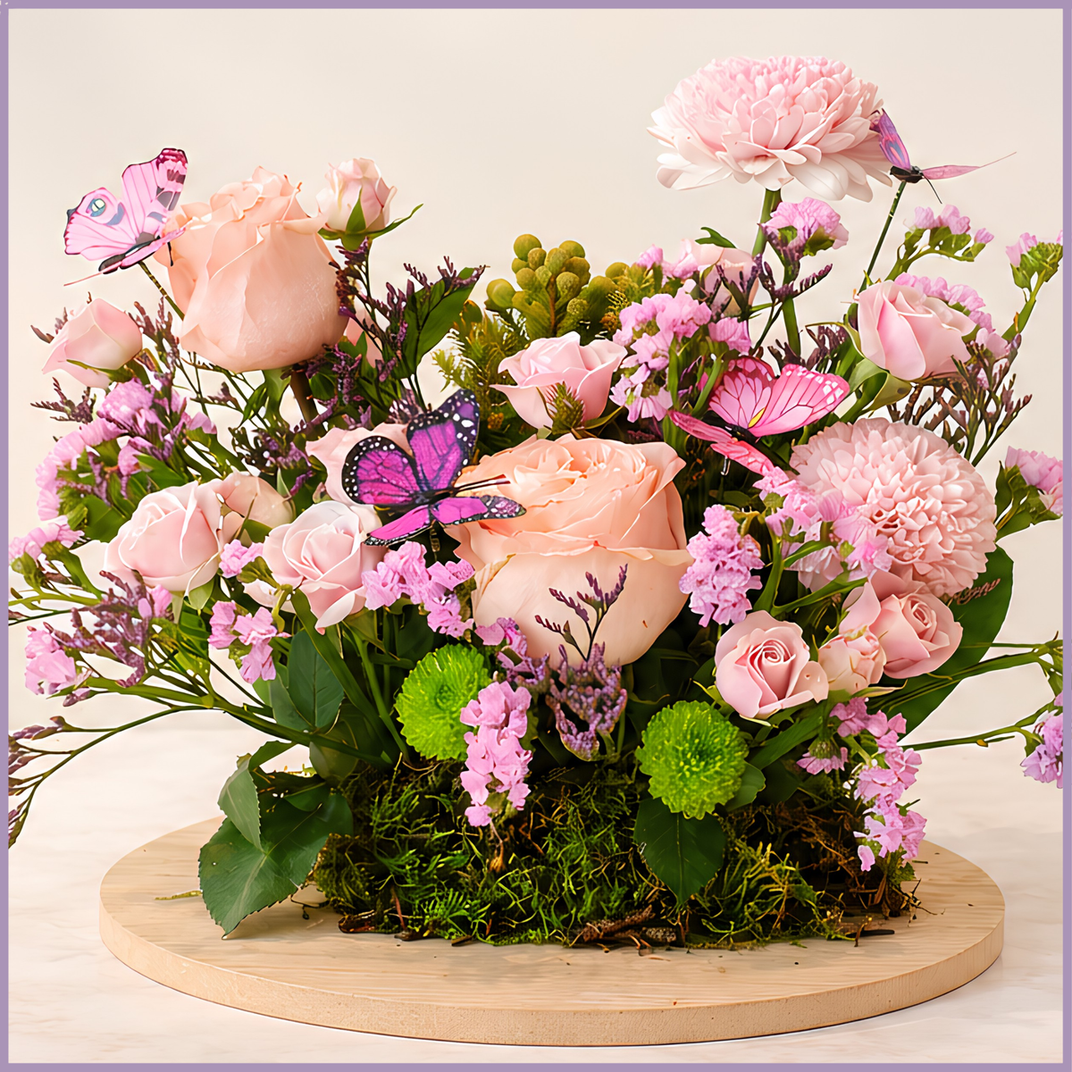 Butterfly Bliss floral arrangement with mixed greenery and butterfly accents