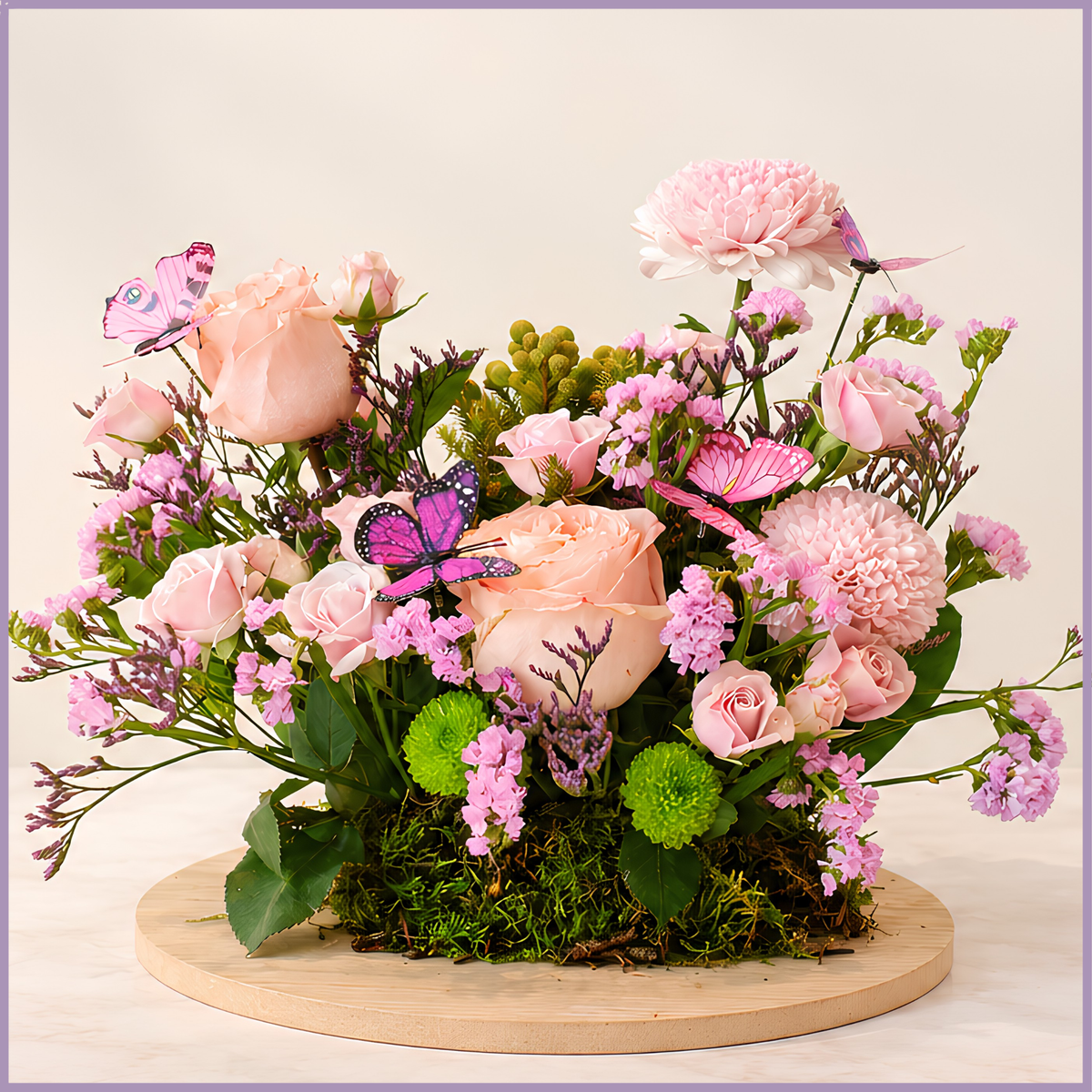 Butterfly Bliss rose and chrysanthemum arrangement on a wooden base