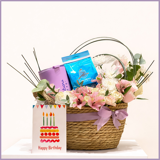Caribou Coffee Birthday Floral Gift Basket with Caribou Tumbler