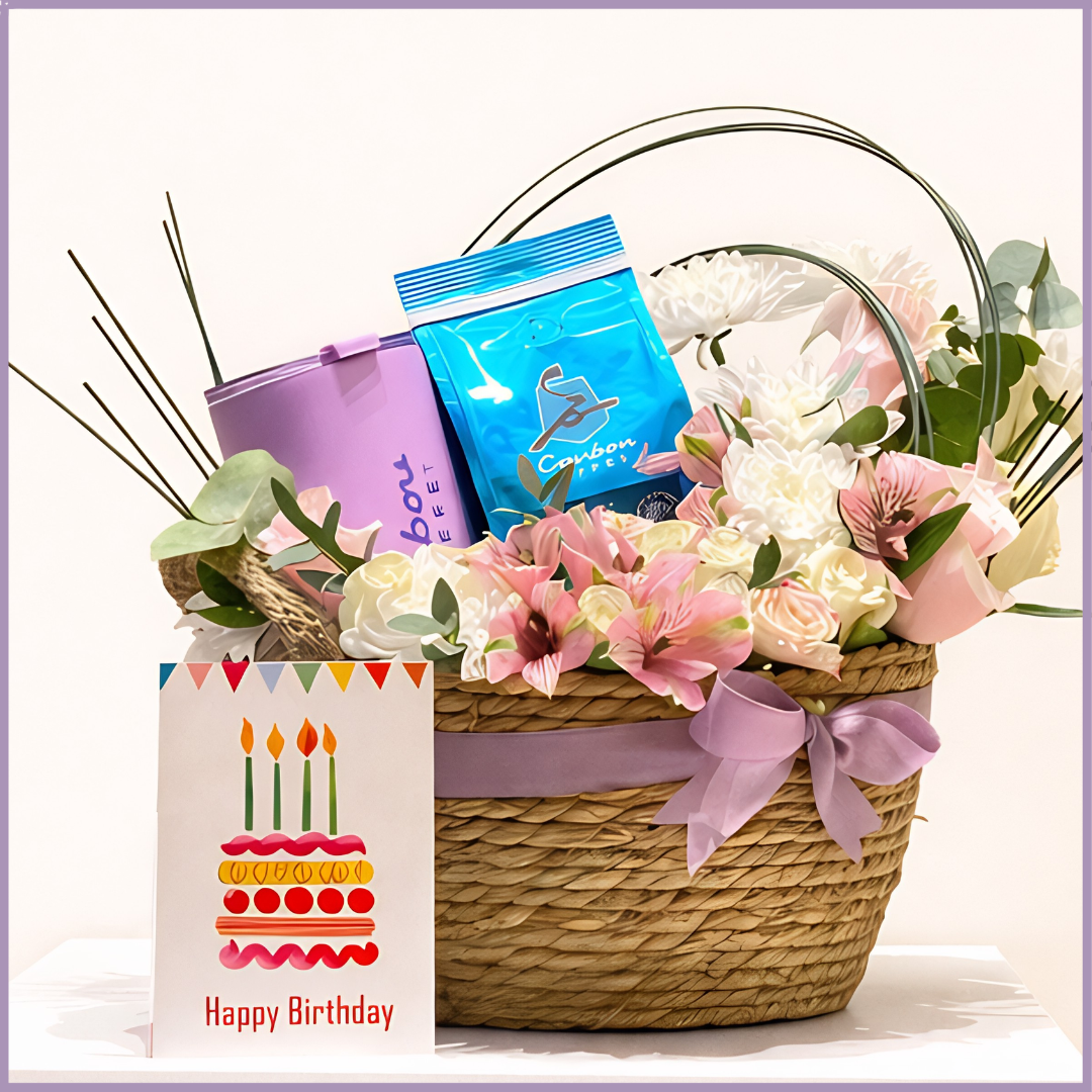 Caribou Coffee Birthday Floral Gift Basket with Caribou Tumbler