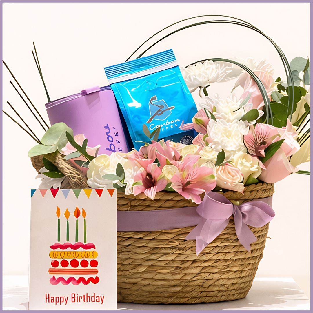 Caribou Coffee Birthday Floral Gift Basket with Caribou Tumbler