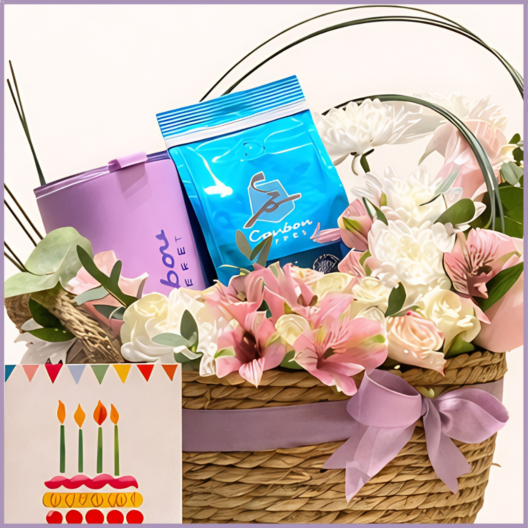 Caribou Coffee Birthday Floral Gift Basket with Caribou Tumbler