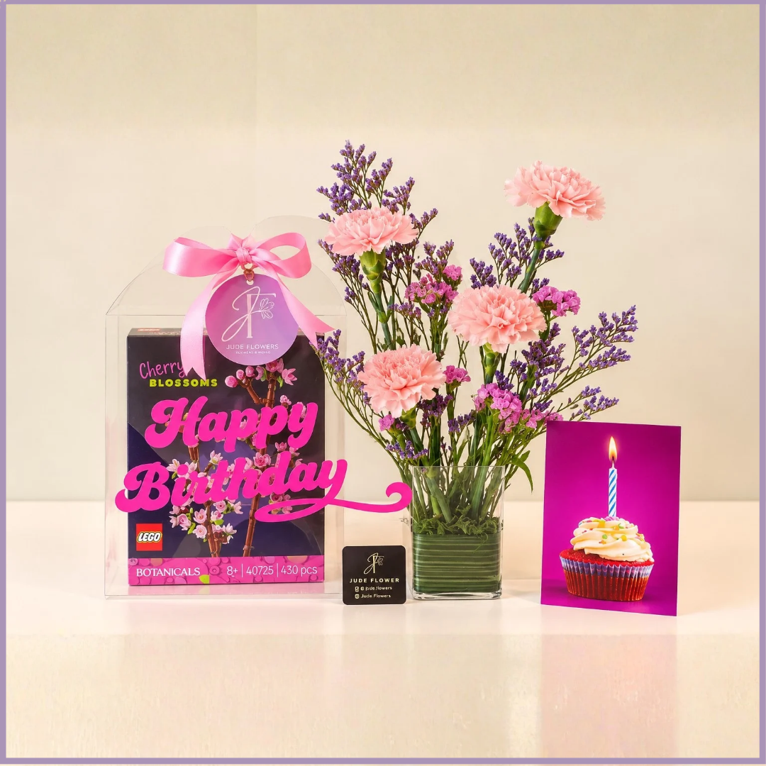 Cherry Blossom Birthday Delight – LEGO & Fresh Flowers Gift