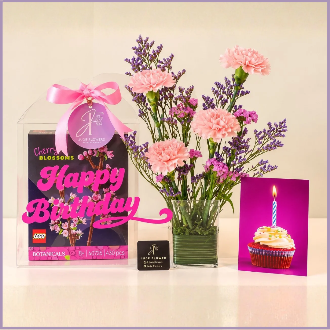 Cherry Blossom Birthday Delight – LEGO & Fresh Flowers Gift