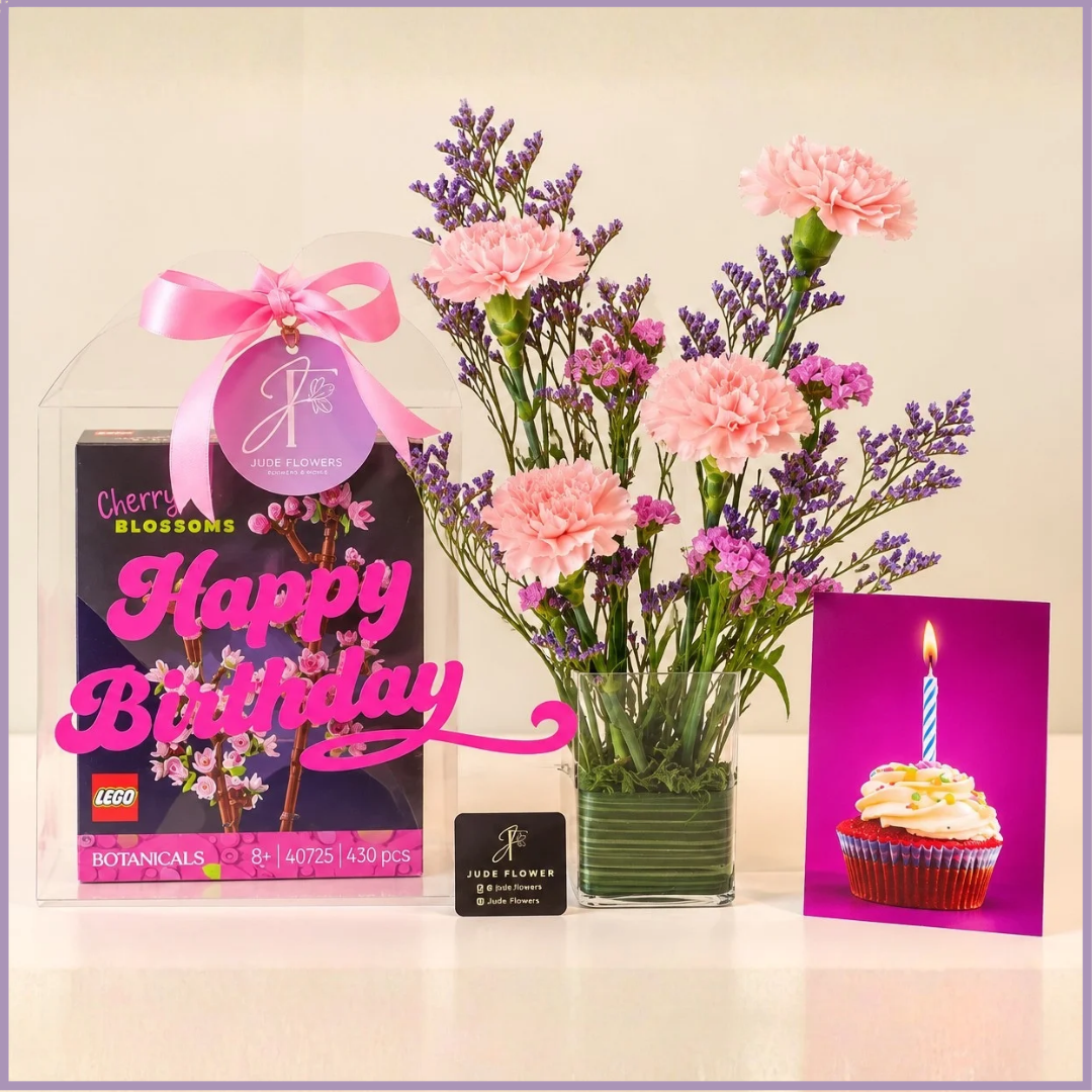 Cherry Blossom Birthday Delight – LEGO & Fresh Flowers Gift