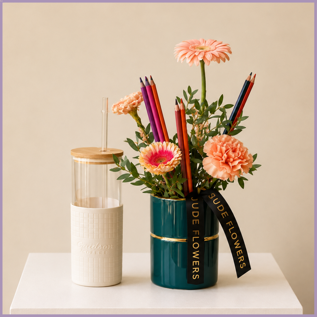 Caribou Bottle, Flowers & Pencil Gift Arrangement
