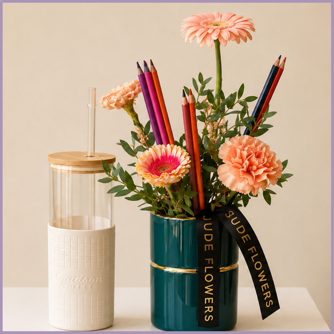 Caribou Bottle, Flowers & Pencil Gift Arrangement