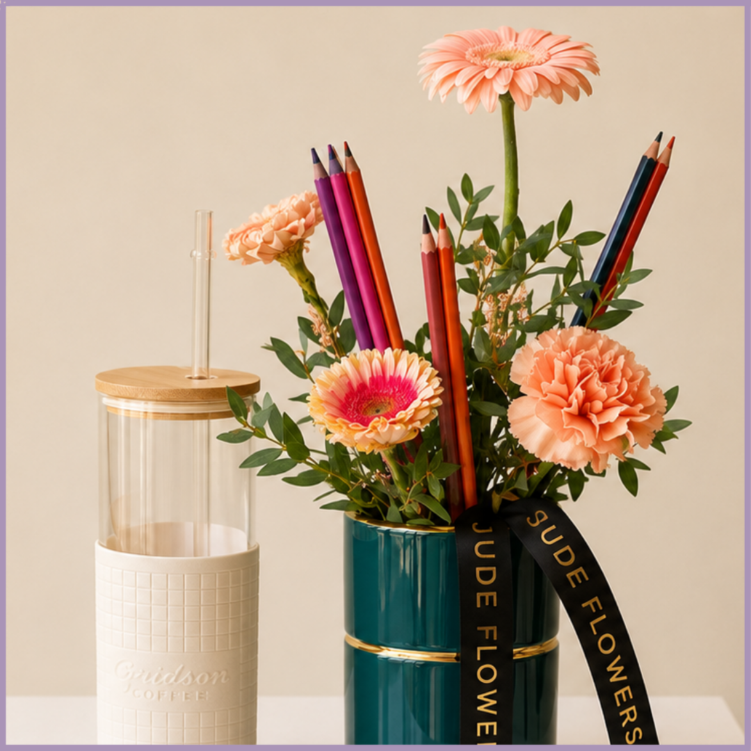 Caribou Bottle, Flowers & Pencil Gift Arrangement