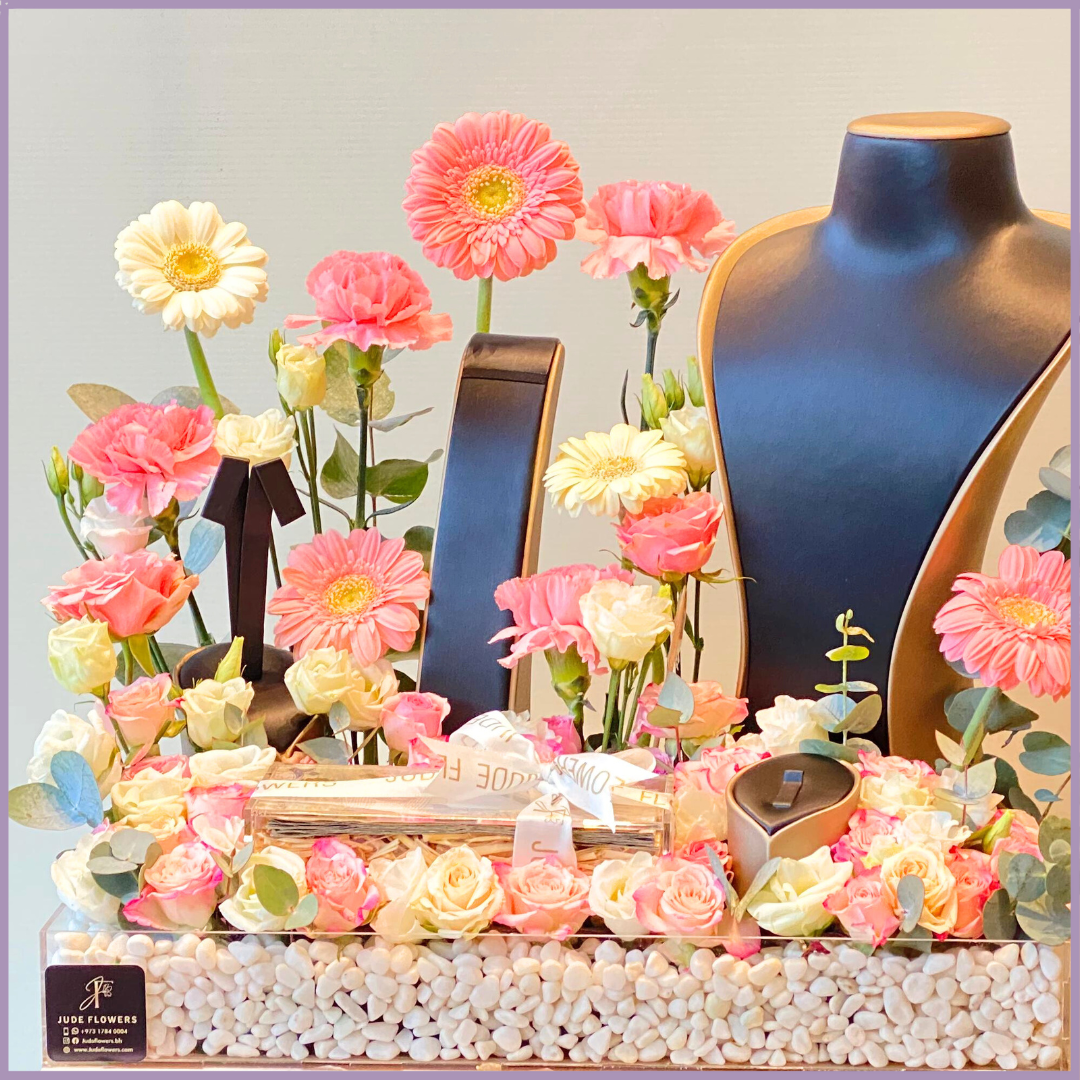 Floral Elegance Tray - Fresh Flowers with Jewelry Display