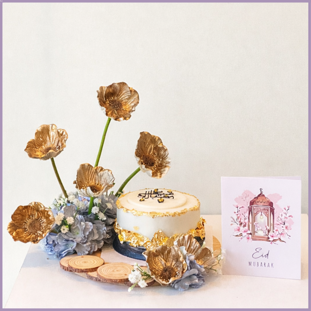 Golden Eid Mubarak Floral Cake Gift Dream Bites x Jude Flowers