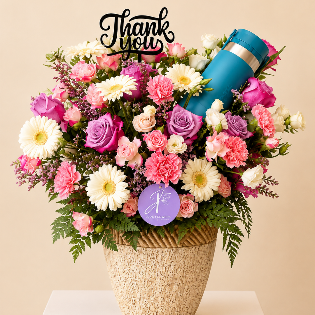 Luxury Thank You Flowers with Caribou Bottle