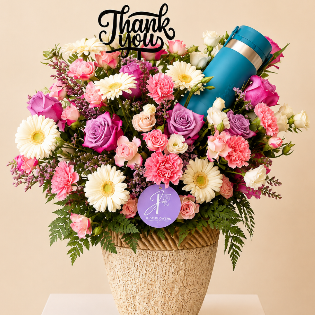 Luxury Thank You Flowers with Caribou Bottle