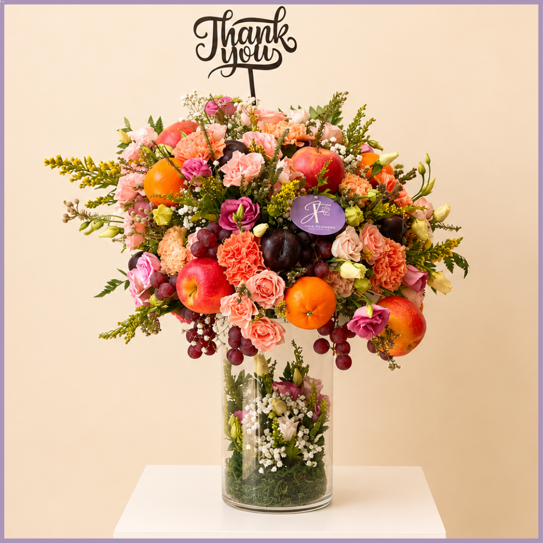 Harvest of Thanks – Luxury Fruit & Fresh Flower Arrangement