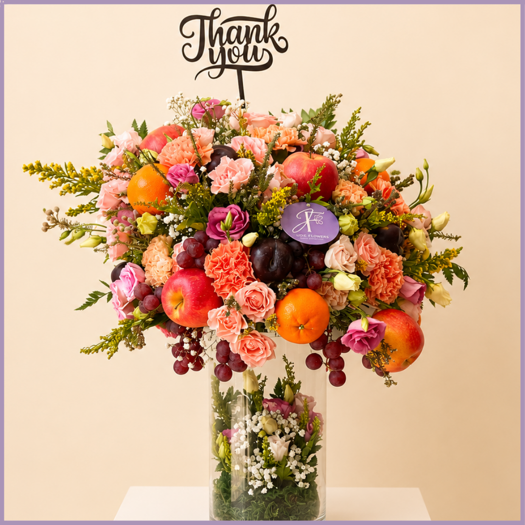 Harvest of Thanks – Luxury Fruit & Fresh Flower Arrangement