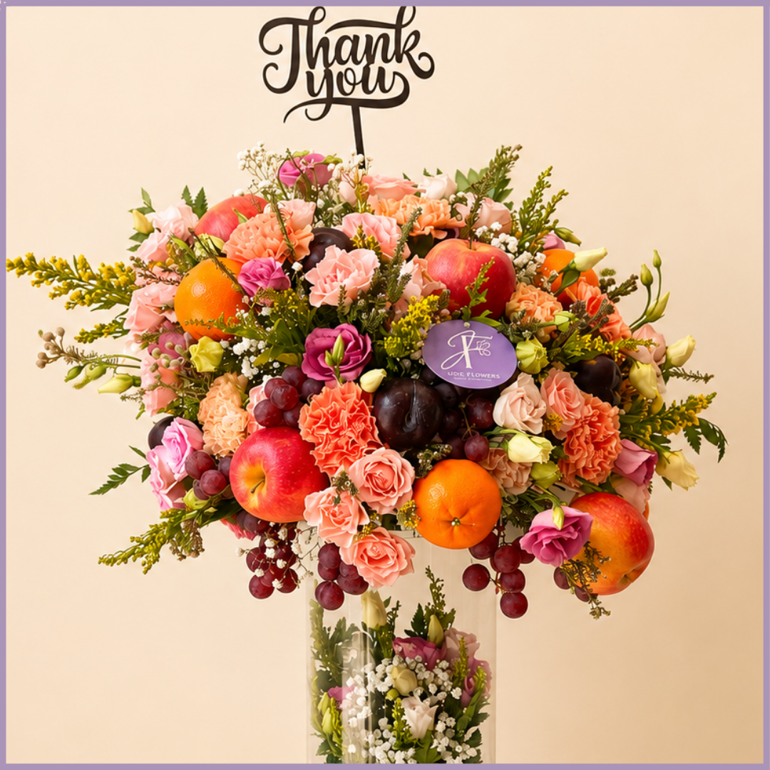 Harvest of Thanks – Luxury Fruit & Fresh Flower Arrangement