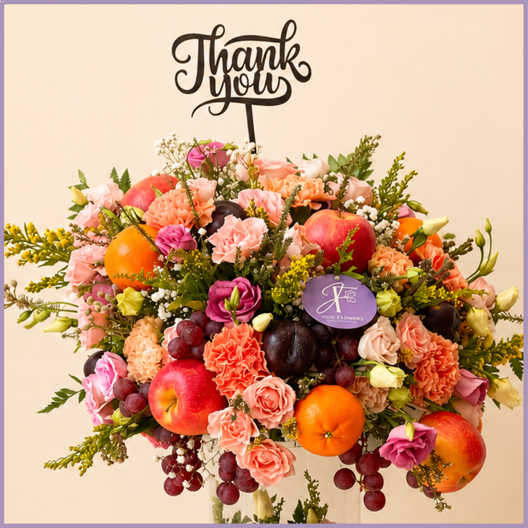 Harvest of Thanks – Luxury Fruit & Fresh Flower Arrangement