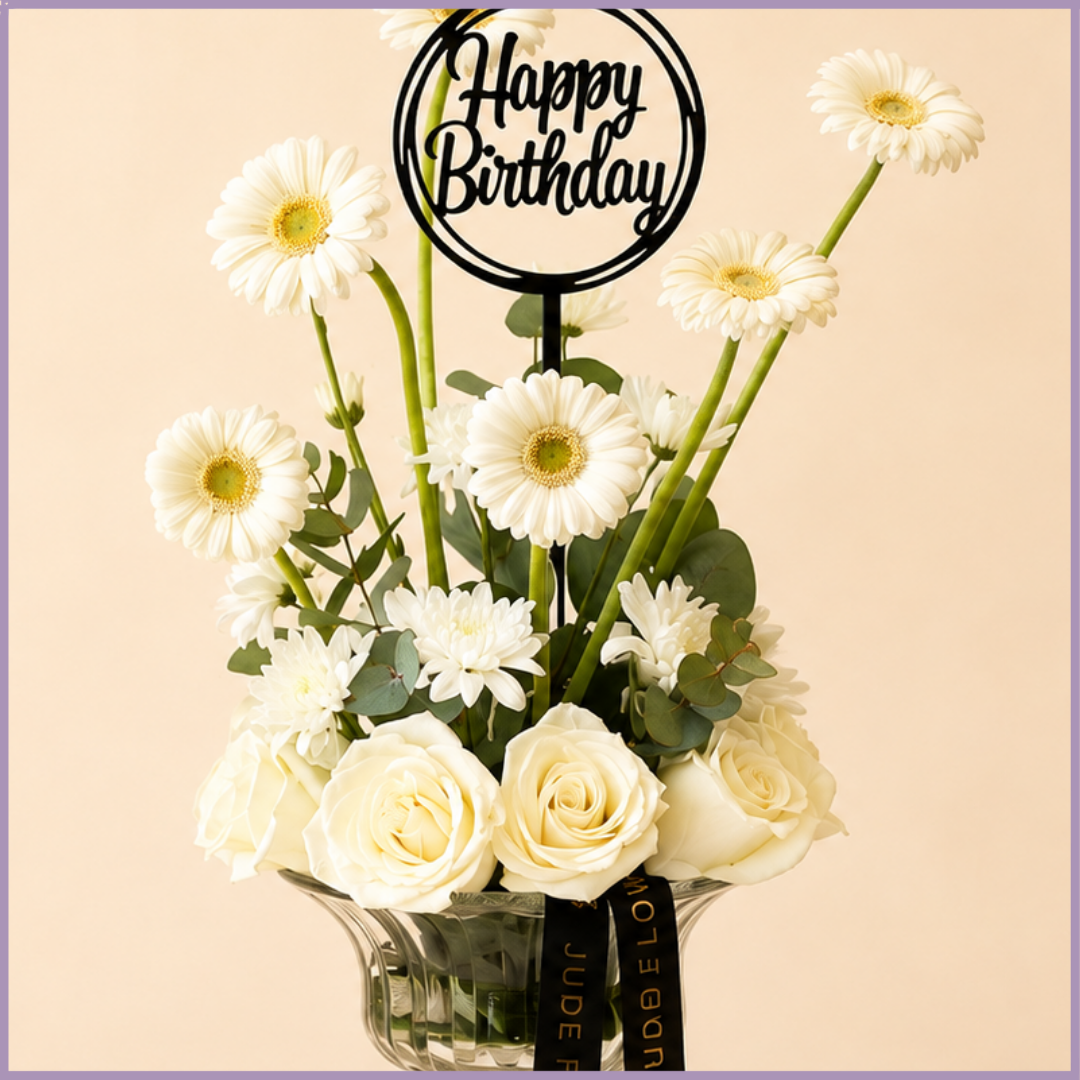 Ivory Celebration – White Rose & Gerbera Birthday Vase