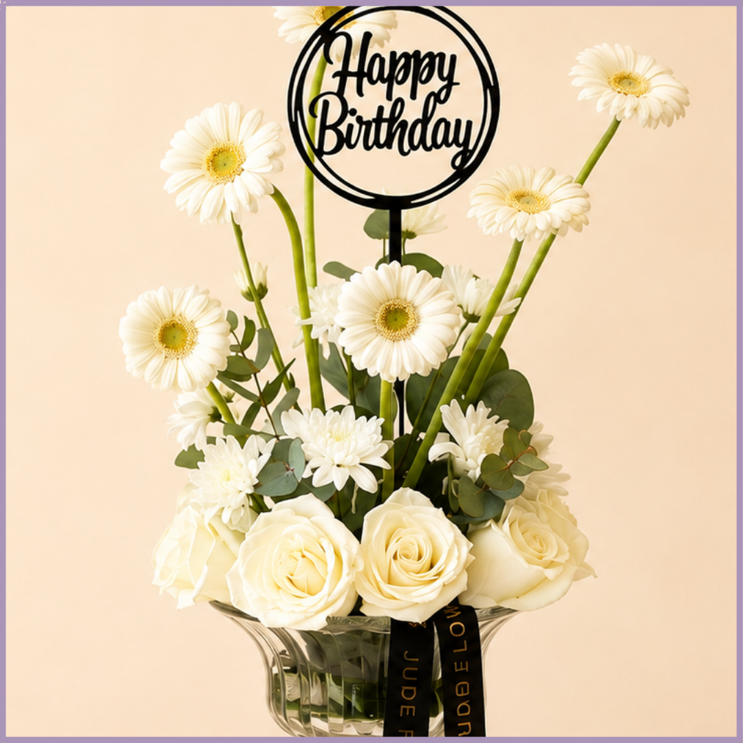 Ivory Celebration – White Rose & Gerbera Birthday Vase