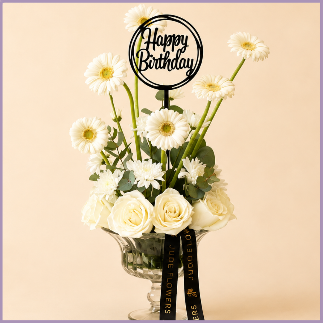Ivory Celebration – White Rose & Gerbera Birthday Vase