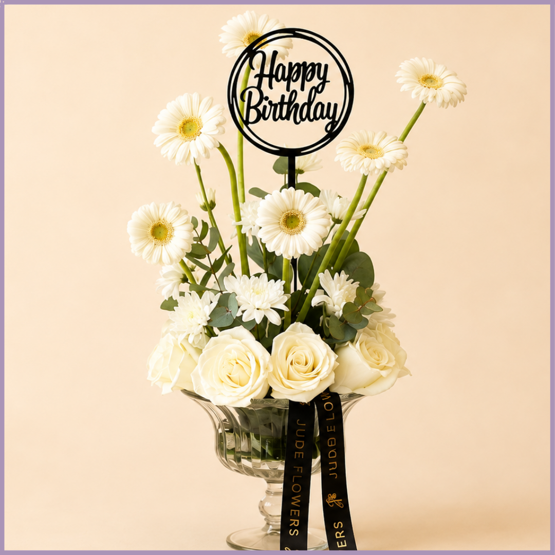 Ivory Celebration – White Rose & Gerbera Birthday Vase