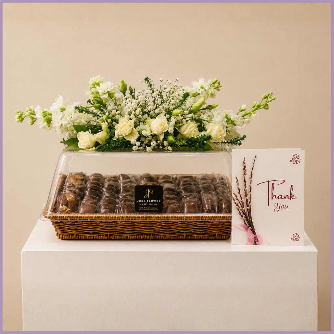 Ivory Chocolate Garden – White Flowers & Mixed Chocolate Tray