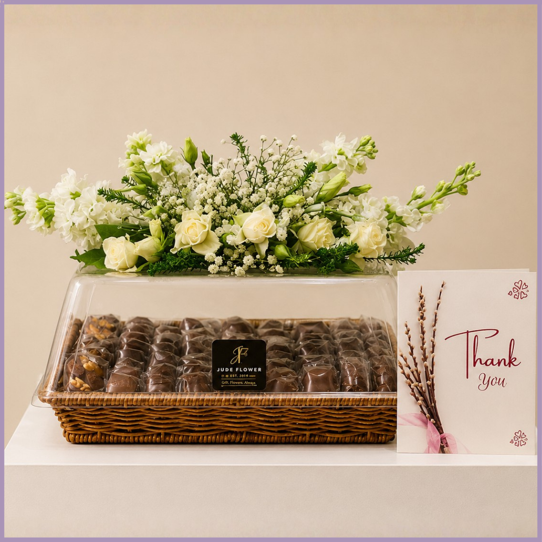 Ivory Chocolate Garden – White Flowers & Mixed Chocolate Tray