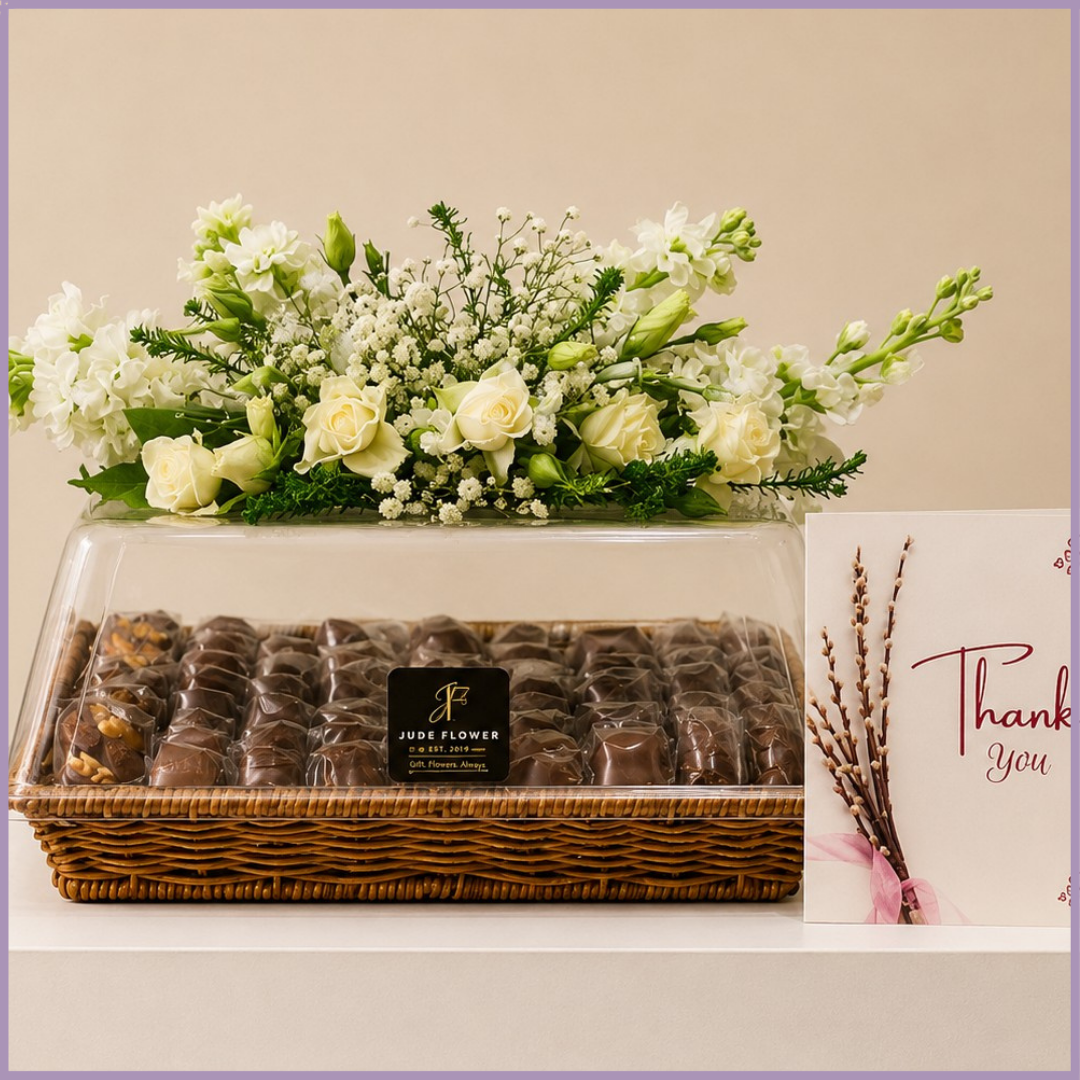 Ivory Chocolate Garden – White Flowers & Mixed Chocolate Tray