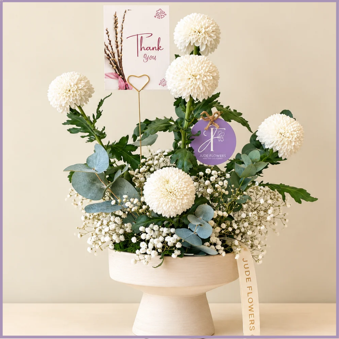 Ivory Gratitude – White Button Flower Arrangement