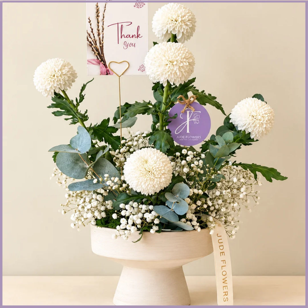 Ivory Gratitude – White Button Flower Arrangement