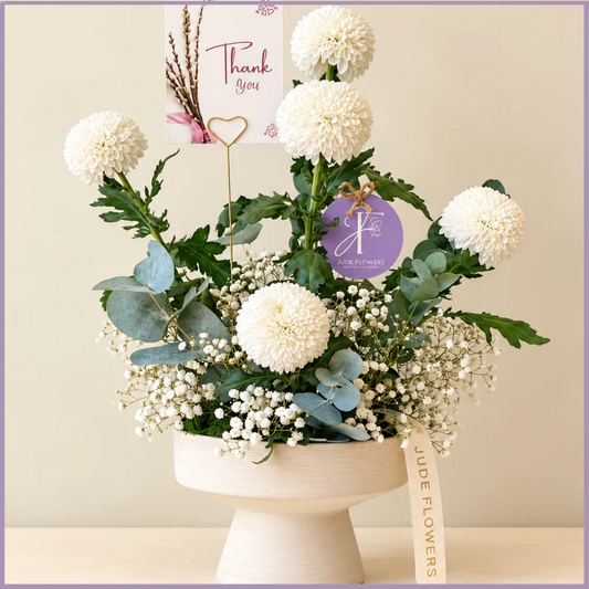 Ivory Gratitude – White Button Flower Arrangement
