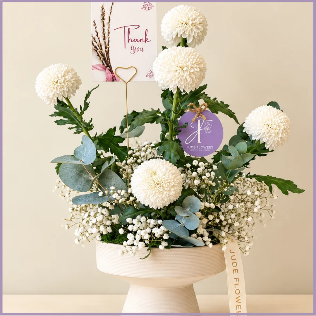 Ivory Gratitude – White Button Flower Arrangement