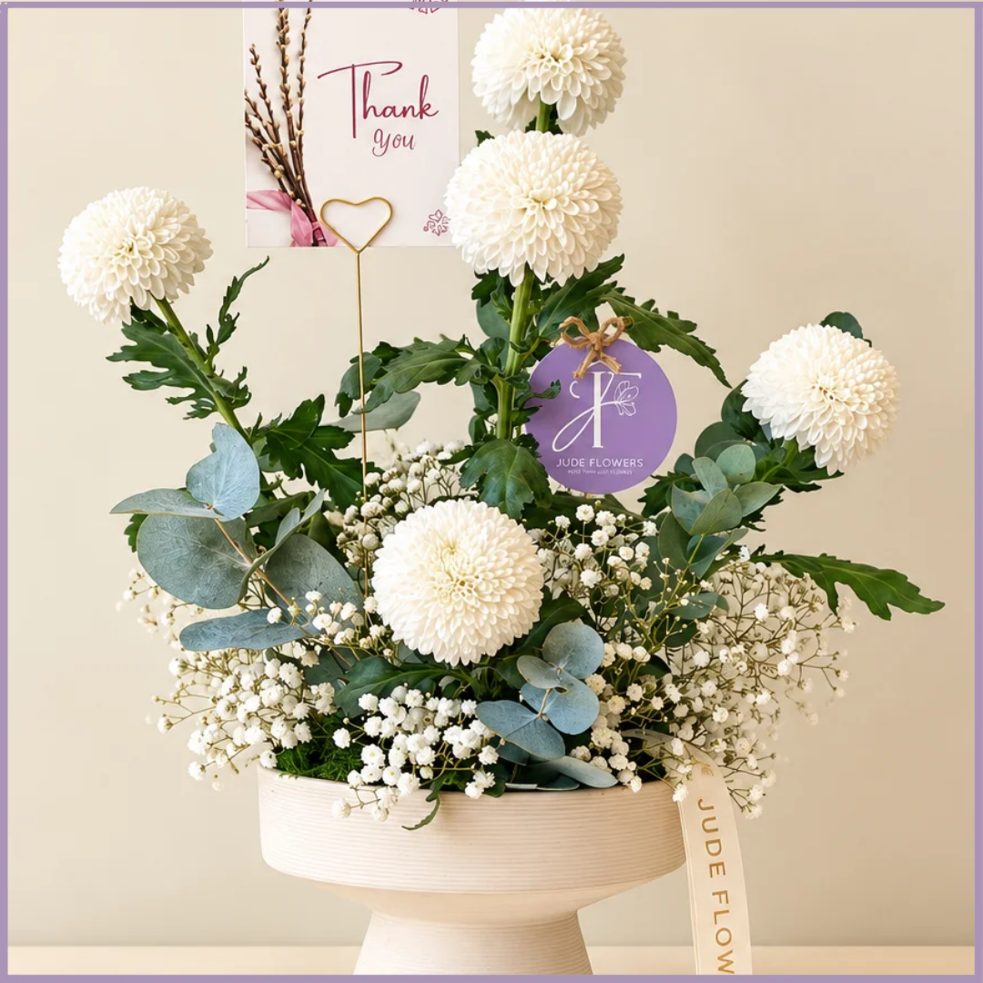 Ivory Gratitude – White Button Flower Arrangement