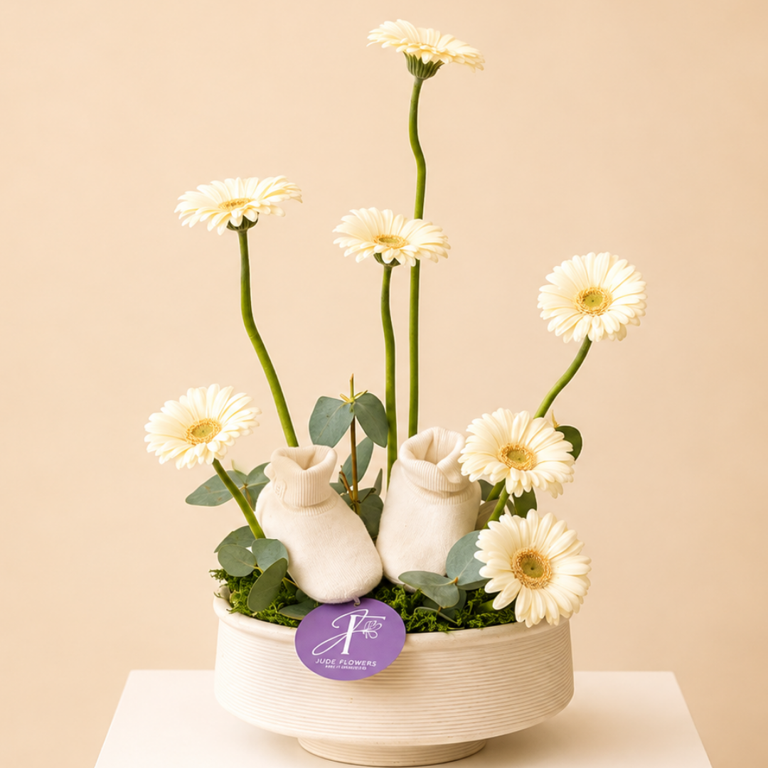 White Gerbera & Baby Shoes Gift Arrangement