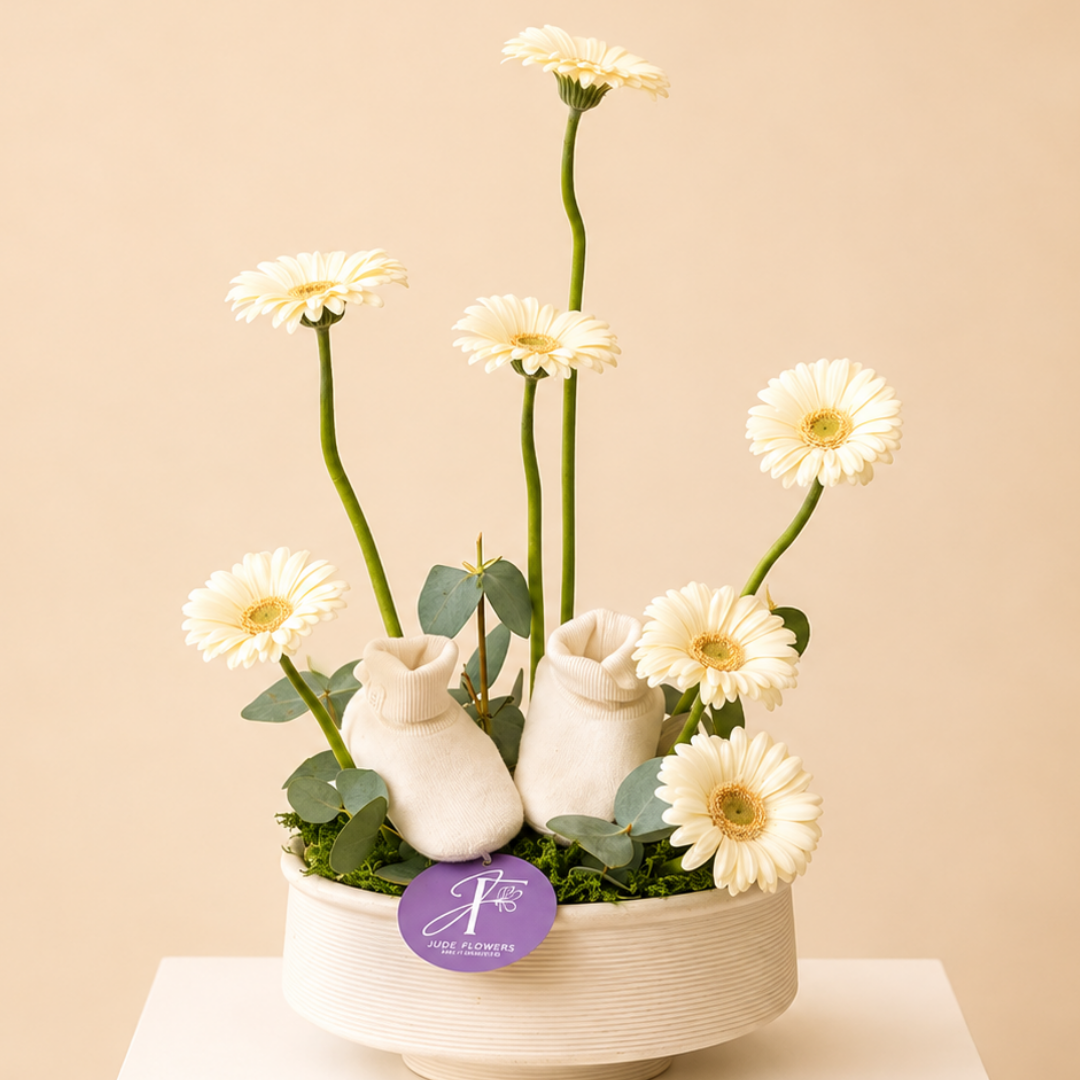 White Gerbera & Baby Shoes Gift Arrangement