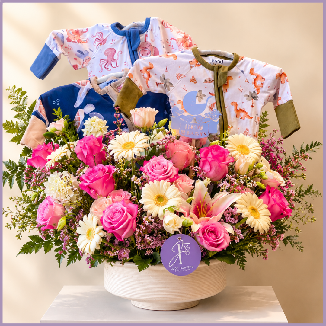Little Wonder Baby Celebration – Flowers & Baby Clothes Gift Arrangement