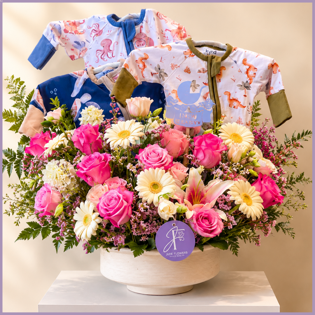 Little Wonder Baby Celebration – Flowers & Baby Clothes Gift Arrangement
