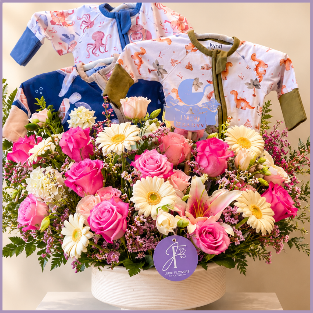 Little Wonder Baby Celebration – Flowers & Baby Clothes Gift Arrangement