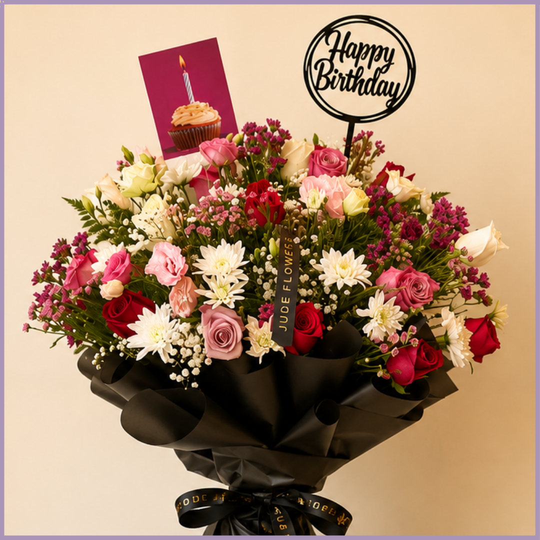 Midnight Celebration – Luxury Mixed Rose Birthday Bouquet