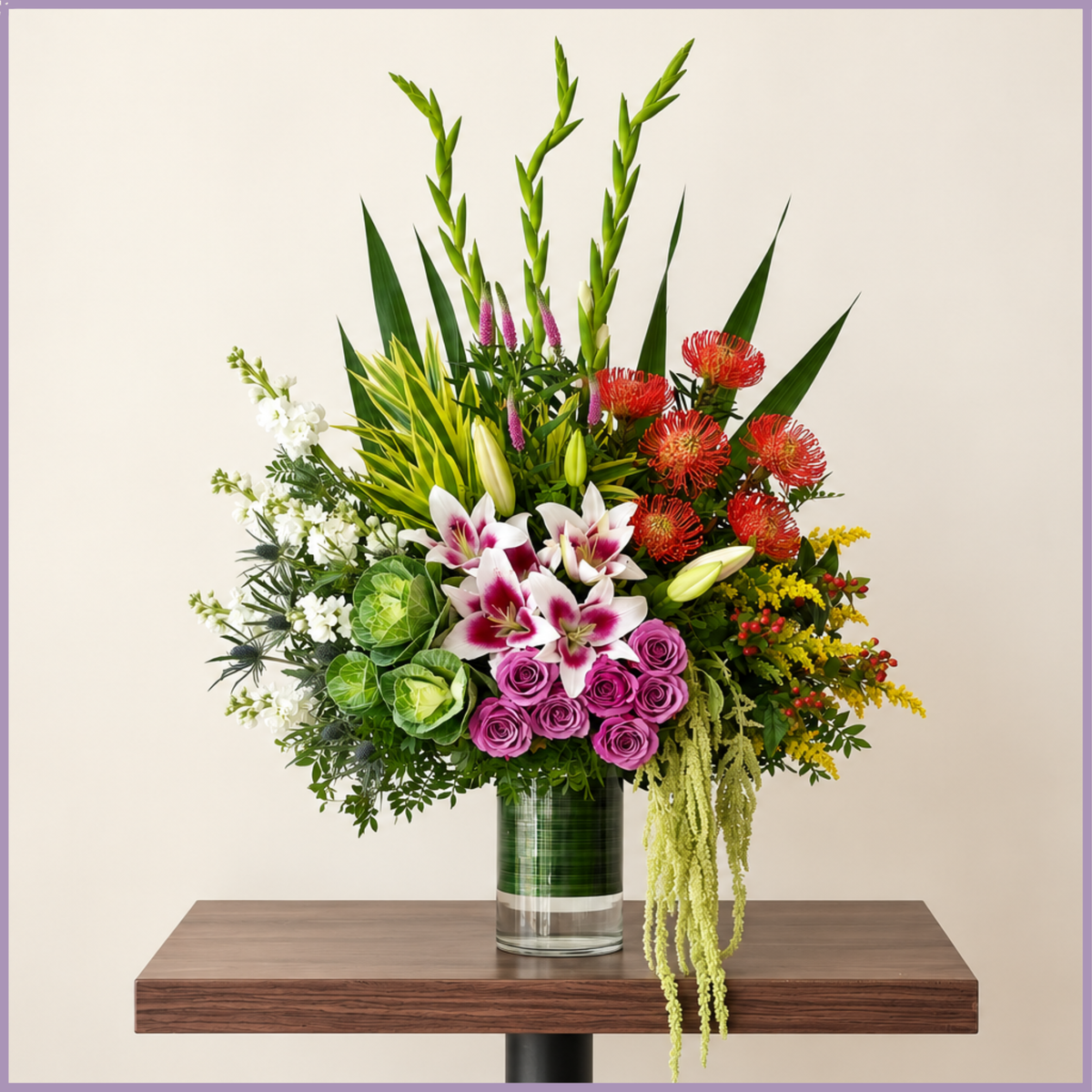 Ode to Nature tall mixed flower arrangement with gladiola, lilies and foliage – Jude Flowers Bahrain