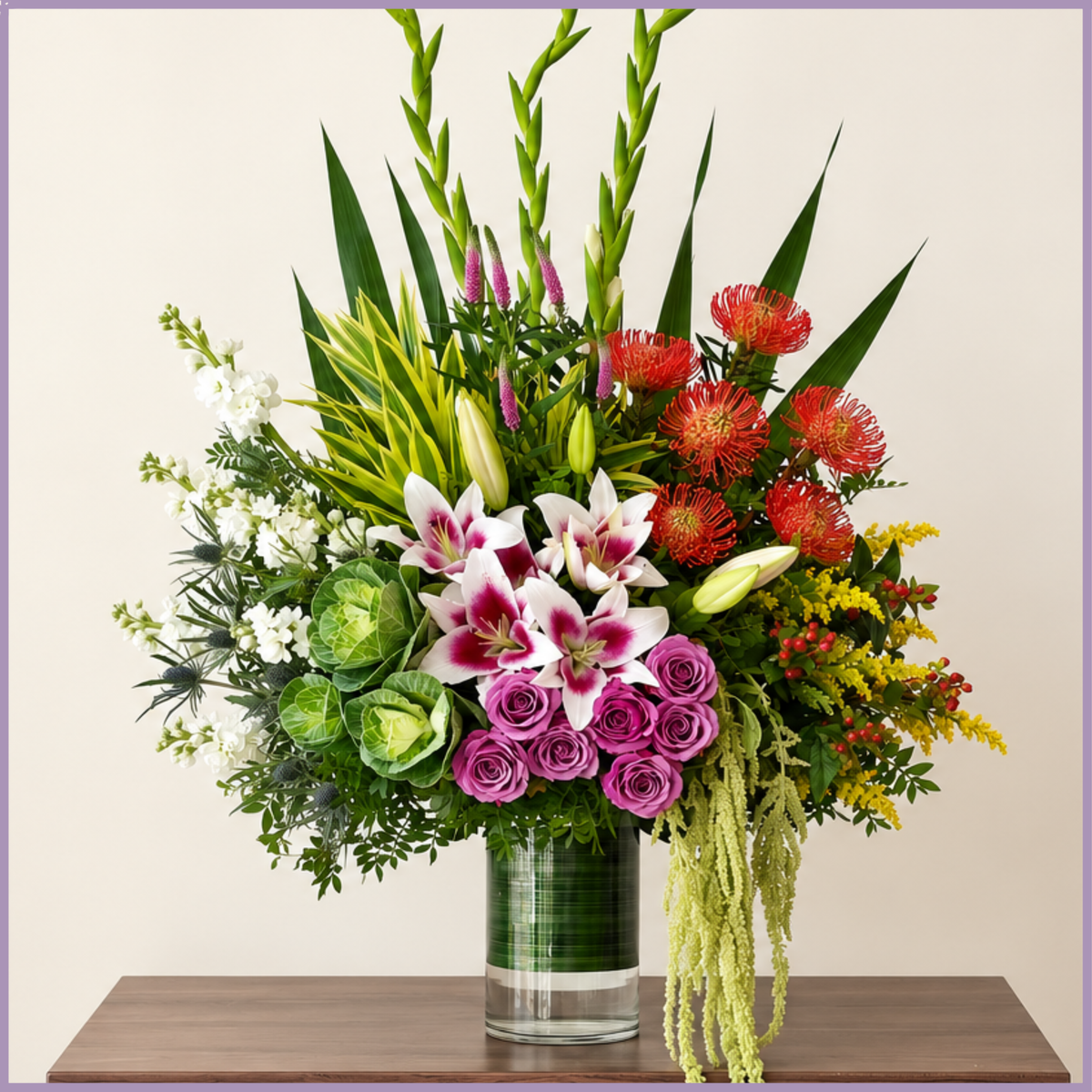 Ode to Nature tall mixed flower arrangement with gladiola, lilies and foliage – Jude Flowers Bahrain