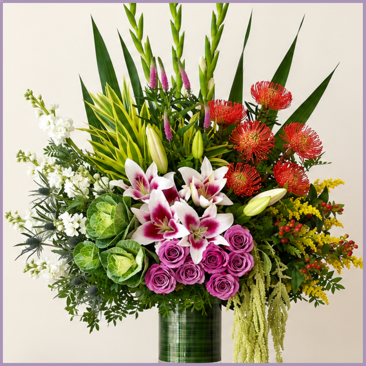 Ode to Nature tall mixed flower arrangement with gladiola, lilies and foliage – Jude Flowers Bahrain