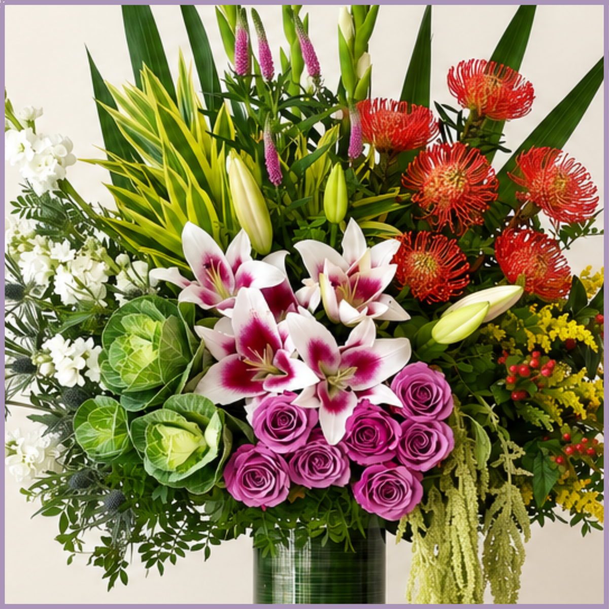 Ode to Nature tall mixed flower arrangement with gladiola, lilies and foliage – Jude Flowers Bahrain