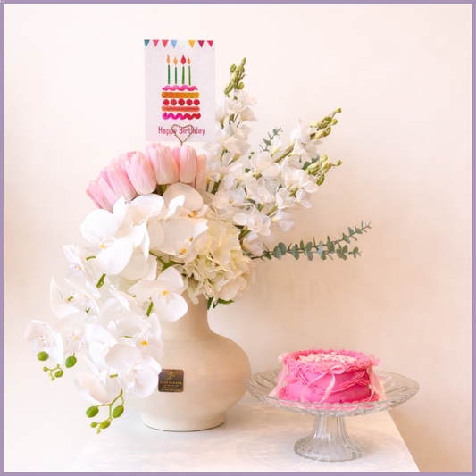 Orchid Elegance Happy Birthday Flowers with Dream Bites Cake