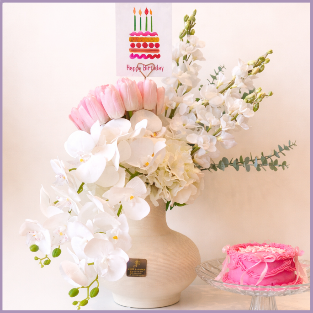 Orchid Elegance Happy Birthday Flowers with Dream Bites Cake